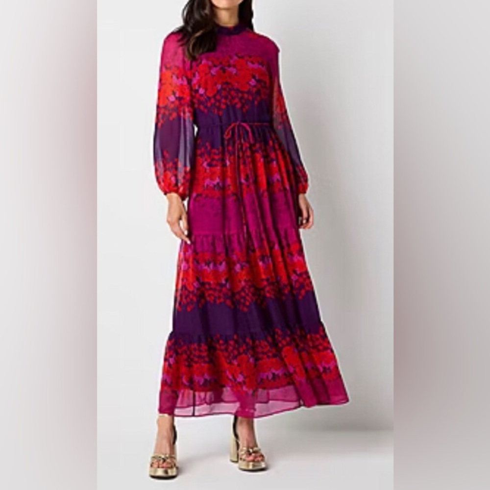 Melonie T Women's 6P Long‎ Sleeve Vibrant Floral Maxi Dress NEW